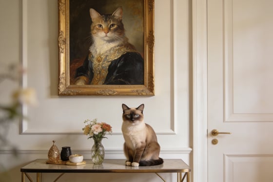 A framed cat portrait above a console with a Siamese cat sitting below