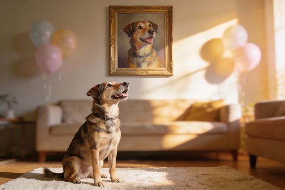 A rescue dog looking up at its framed portrait on an adoption anniversary