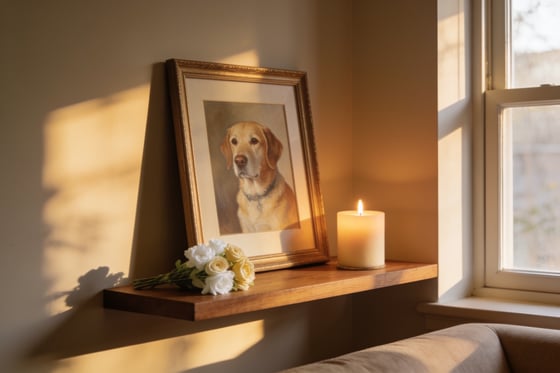 A framed memorial portrait beside a candle and white flowers